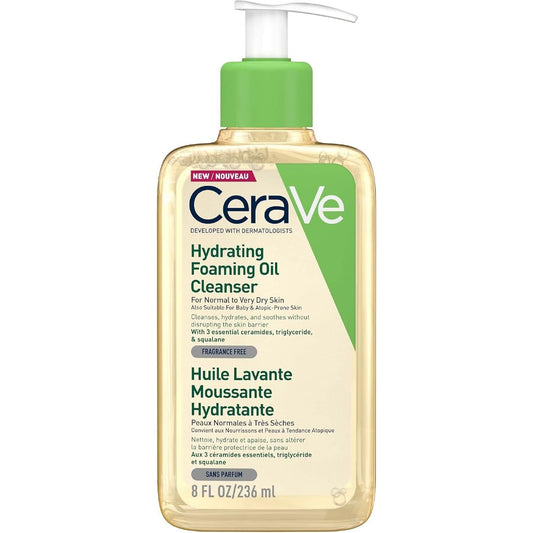CeraVe Hydrating Foaming Oil Cleanser for Normal to Very Dry Skin with Squalane, Triglyceride and 3 Essential Ceramides (For Face and Body), Clear, 236 ml
